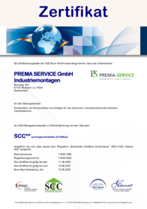 Zertifikat VQZ Bonn PREMA SERVICE GmbH Industriemontagen SCC 2 Sterne DE 1 pdf 212x300